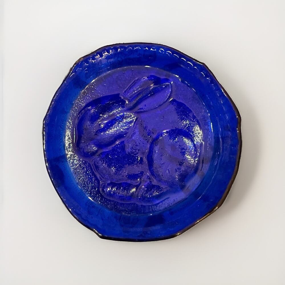 Vintage Cobalt Blue Glass Rabbit Bunny Dish Plate Pressed Glass 4.5”